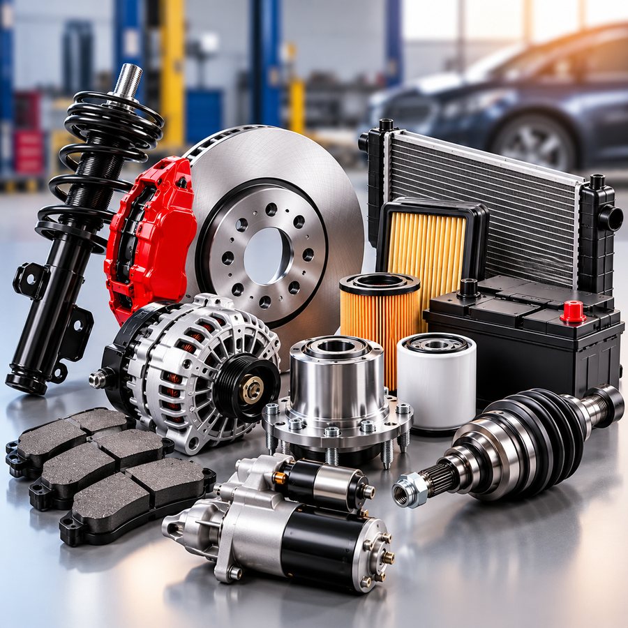 Automotive spare parts: shock absorber, brake disc, alternator, filters, battery and axle