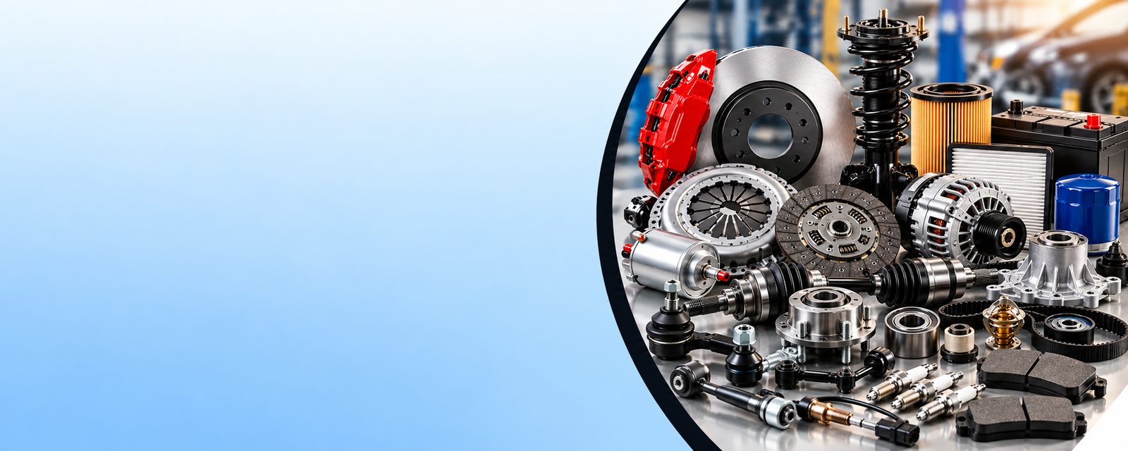 Automotive spare parts: brake disc, shock absorber, clutch, alternator and filters