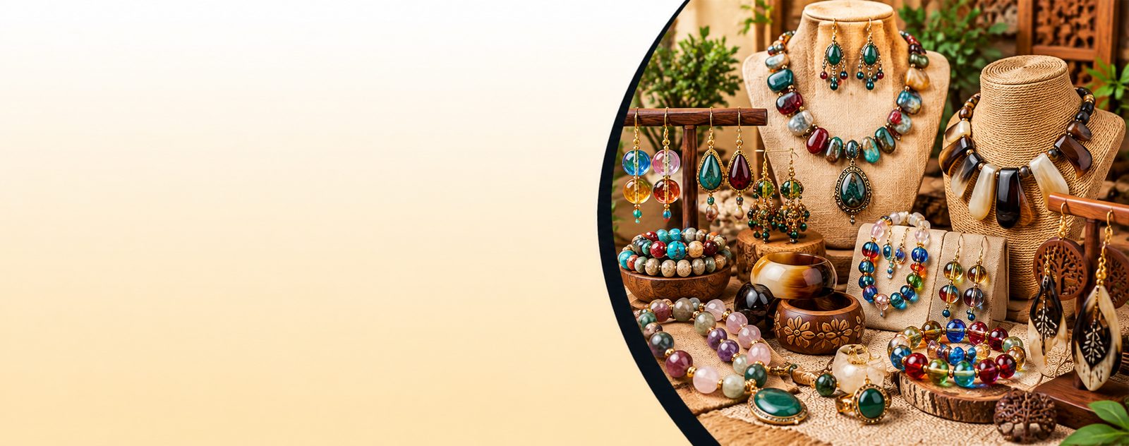 Handmade beaded necklaces and earrings on display stands